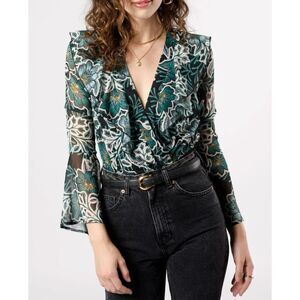 Bonnie Emerald Floral Long Sleeve Bodysuit, L NWOT